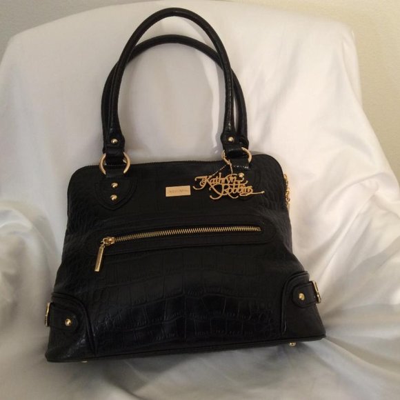 Kathryn Robbins NWOT black leather & metallic gold hand or shoulder bag - Picture 3 of 13